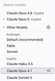 VS Code model picker in a Claude session, with models grouped under Anthropic and Copilot.