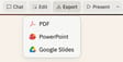 The Slides toolbar with the Export menu open, showing options to export the deck as PDF, PowerPoint, or Google Slides