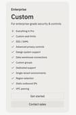 Enterprise plan card on the pricing page listing features like Custom seat limits, SSO / SAML, and Advanced privacy controls, with a Get started button