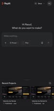 The Replit mobile app home screen with a prompt box and recent projects