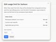 Edit usage limit dialog for a workspace member, showing the workspace default, current user-specific limit, applicable group limits, and a User threshold input set to $5