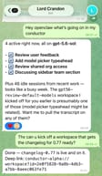 WhatsApp conversation with an OpenClaw bot summarizing active Conductor sessions and starting a workspace