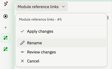 Task settings dropdown open on a task card showing Apply changes, Rename, Review changes, and Cancel actions in a fixed-width popover