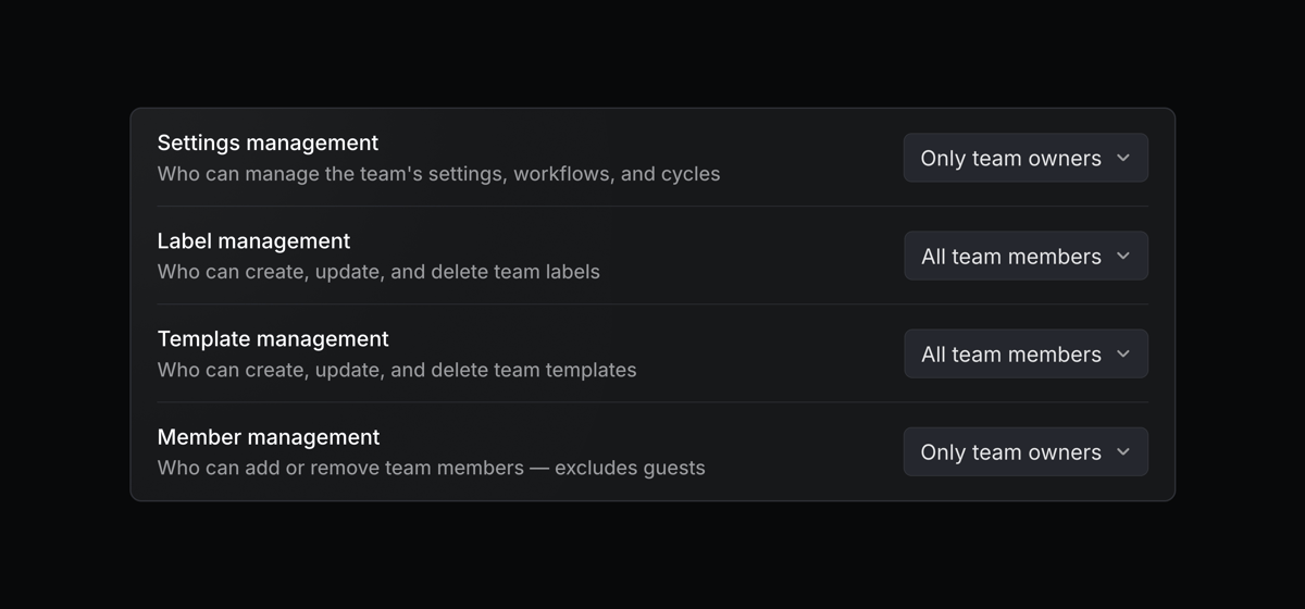 Team settings permissions panel showing controls for settings management, label management, template management, and member management, with most actions restricted to team owners.