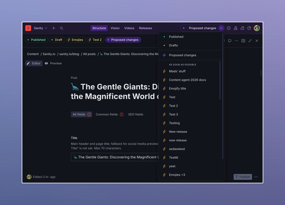Dark mode content management system interface showing a blog post editing view and an open dropdown menu with content versions listed under 