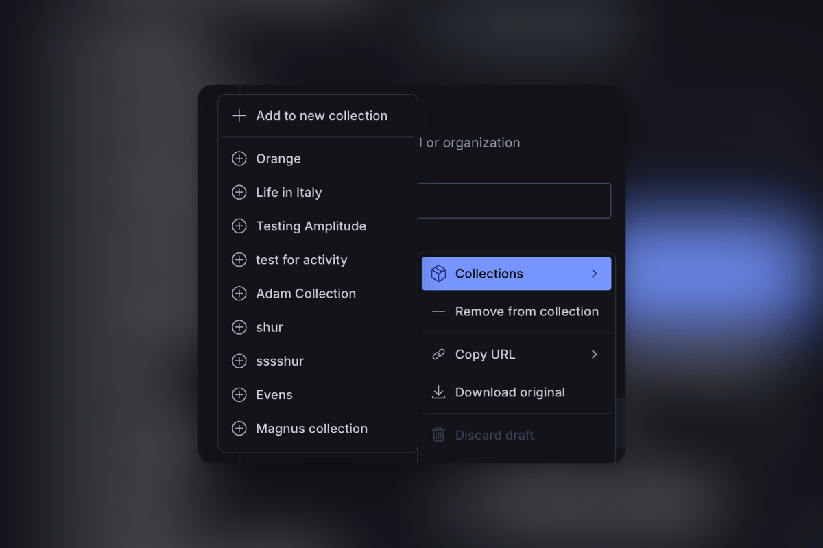 Dark-themed user interface displaying collection management menus, one listing existing collections and the other offering options like 