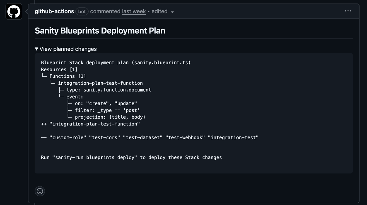 A Sanity Blueprints deployment plan from a GitHub Actions bot, detailing a new function, removed test resources, and the deploy command.
