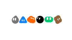 A lineup of six Grok Bot avatars in different shapes and colors — a gray drop, blue triangle, orange cloud, black circle, green capsule, and brown blob — each with a pair of eyes, on white