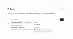 Devin interface showing Cloudflare selected as an Outposts virtual environment