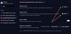 Copilot app settings with arrows pointing to the separate settings for the GitHub and Copilot account.