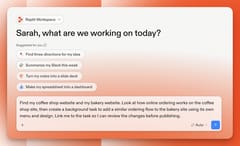 Replit chat composer with a draft prompt asking to find a coffee shop website and a bakery website, then create a background task to adapt the coffee shop's ordering flow for the bakery.