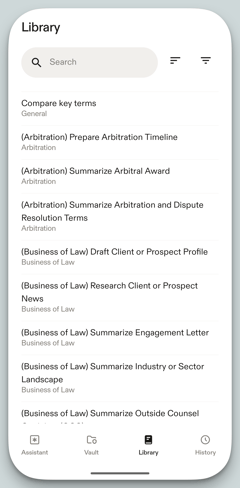 Screenshot of the Harvey app's Library screen with a search bar and sort/filter icons at top. A scrollable list of saved prompts is grouped by category, including General, Arbitration, and Business of Law entries. The Library tab is selected in the bottom navigation bar (Assistant, Vault, Library, History).