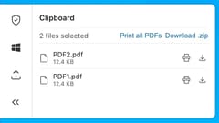 The clipboard panel showing the Print all PDFs option for multiple selected PDF files.