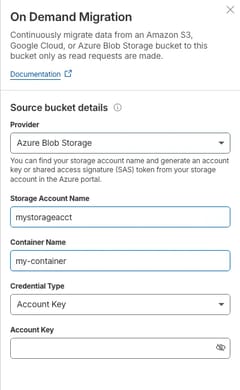 Azure Blob Storage source configuration in the R2 dashboard