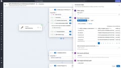 Observability Pipelines pipeline editor routing OpenTelemetry logs to ClickHouse and Splunk, with an enrichment table configuration panel open.