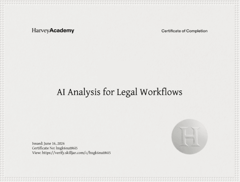 image of a certificate for completing the AI Analysis for Legal Workflows course