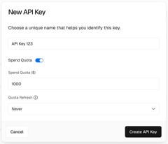 AI Gateway API key creation with spend quota