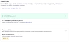 The SAML SSO settings page in Manage, with the Prevent non-SAML users toggle turned off and a Review non-SAML access section showing how many members sign in outside SAML.