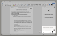 Image of an arrow pointing to the microphone icon in the Harvey for Word add-in's Assistant panel.