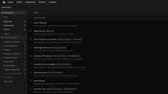 Dashboards list in Axiom filtered by labels such as service=checkout and team=platform