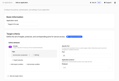 Infrastructure application builder showing target criteria with an included tag, port 22, and SSH as the selected protocol
