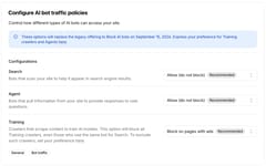 The Configure AI bot traffic policies screen, where Search, Agent, and Training can each be set to allow, block, or block only on pages with ads