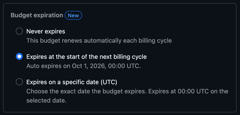 Budget expiration settings showing three options: never expires, expires at the start of the next billing cycle, and expires on a specific date in UTC