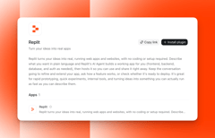 The Replit plugin page with the Replit icon, a description, and an Install plugin button