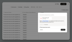 A modal dialog in Harvey's review table interface prompts the user to apply "Privacy Policy.pdf" as a standard to measure document deviations, overlaying a spreadsheet with "Agreement Parties" and "Force Majeure Clause Reference" columns.