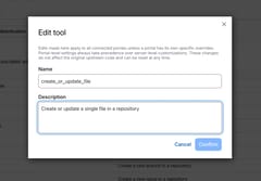 Edit tool modal showing name and description fields for an MCP server tool