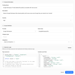 Create a custom finding type with a name, severity, scope, and Rego detection logic
