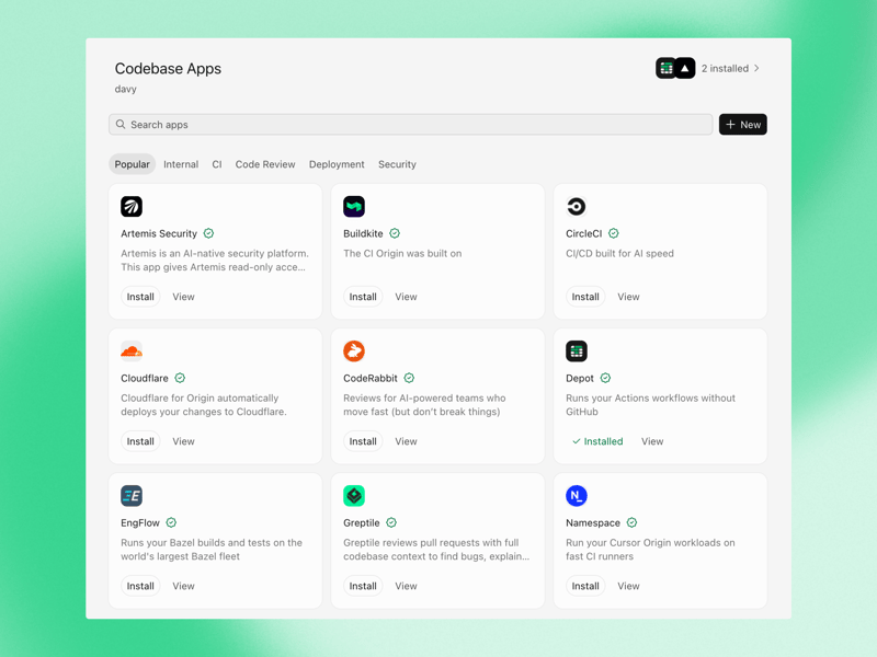 Origin App Marketplace listing apps across deployments, CI, code review, security, monitoring, and project management