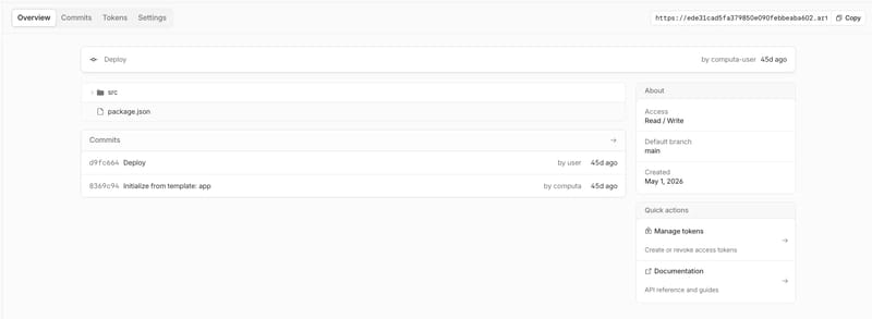 Artifacts repository overview showing files, commits, token management, and quick actions