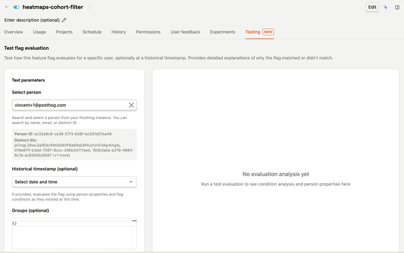 Feature flag evaluation testing tab