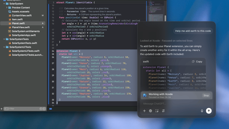 ChatGPT Mac app working with Xcode to suggest code changes for adding Earth to a Swift planet list