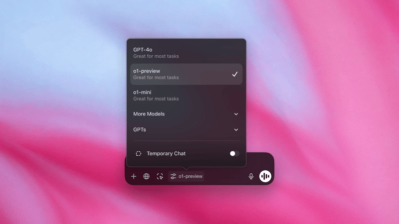 ChatGPT macOS model picker with o1-preview selected and Temporary Chat toggle visible