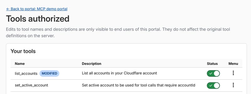 Tools authorized list showing a modified label on a renamed tool