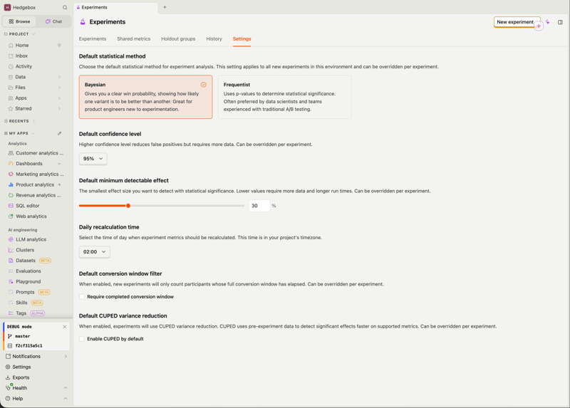 Updated experiments settings page