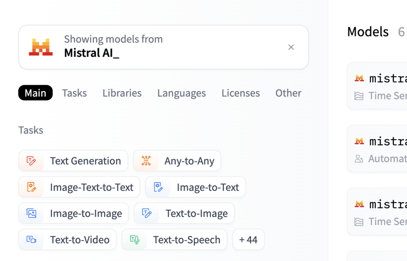 The "Showing models from Mistral AI_" card above the filters on the Models page