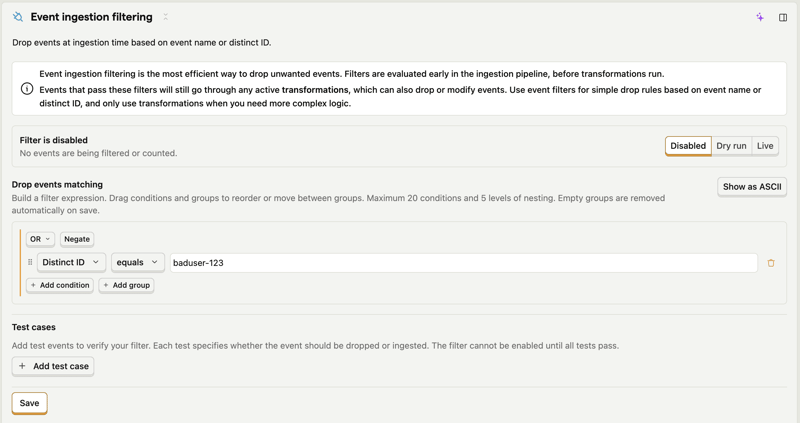 Event ingestion filtering