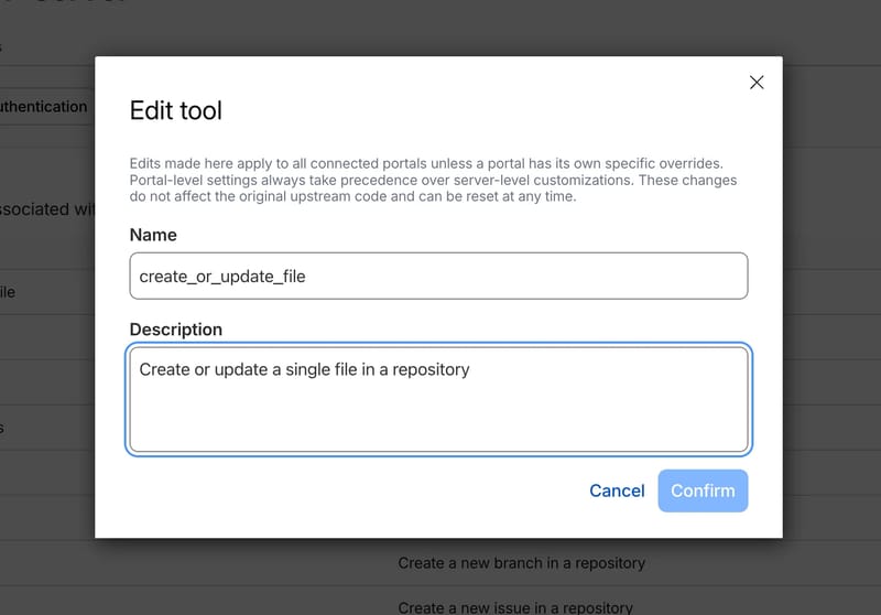 Edit tool modal showing name and description fields for an MCP server tool