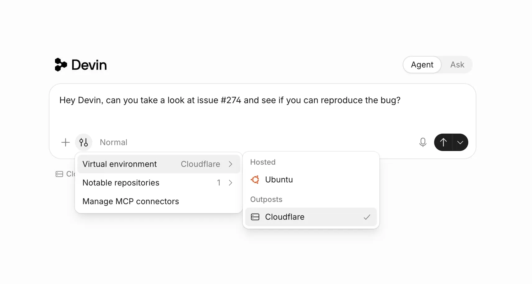 Devin interface showing Cloudflare selected as an Outposts virtual environment