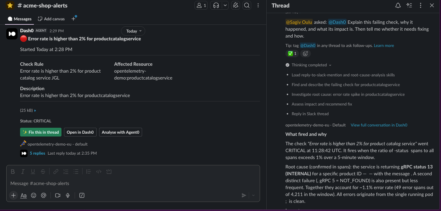 Fix an alert in one click interface showing Slack alert with Fix this in thread button