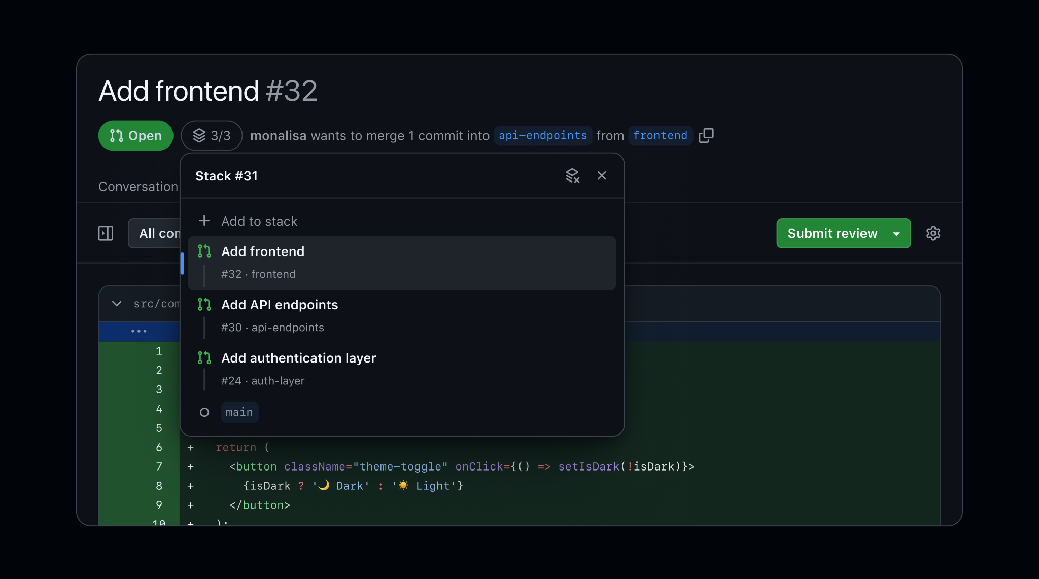 view of the GitHub pull request page displaying details about the pull request stack
