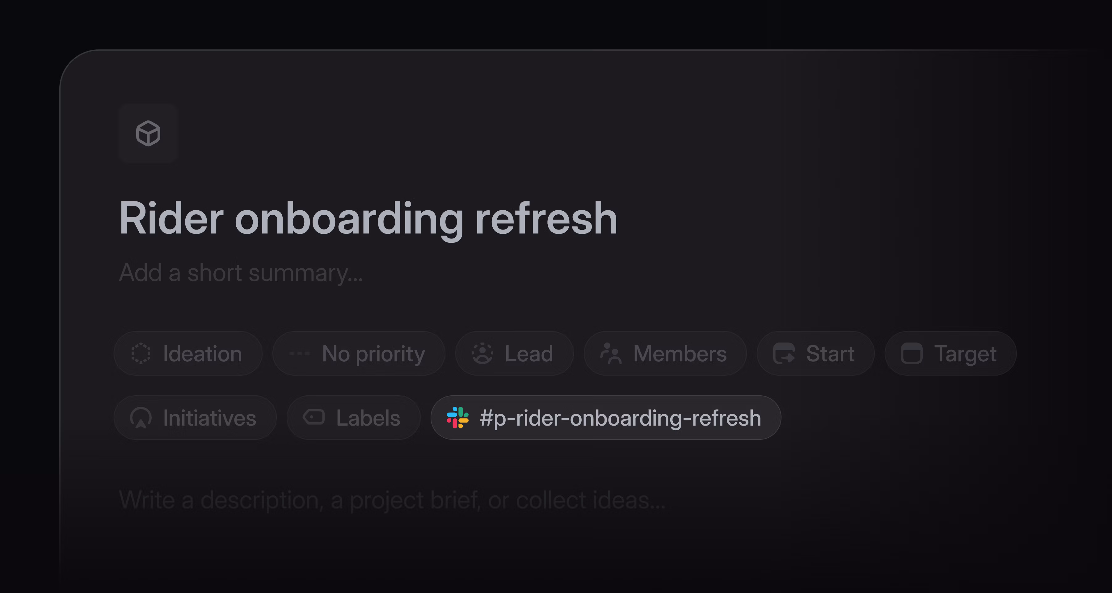 Project overview page in Linear titled "Rider onboarding refresh". #p-rider-onboarding-refresh is a Slack channel appearing next to other project properties in the header.
