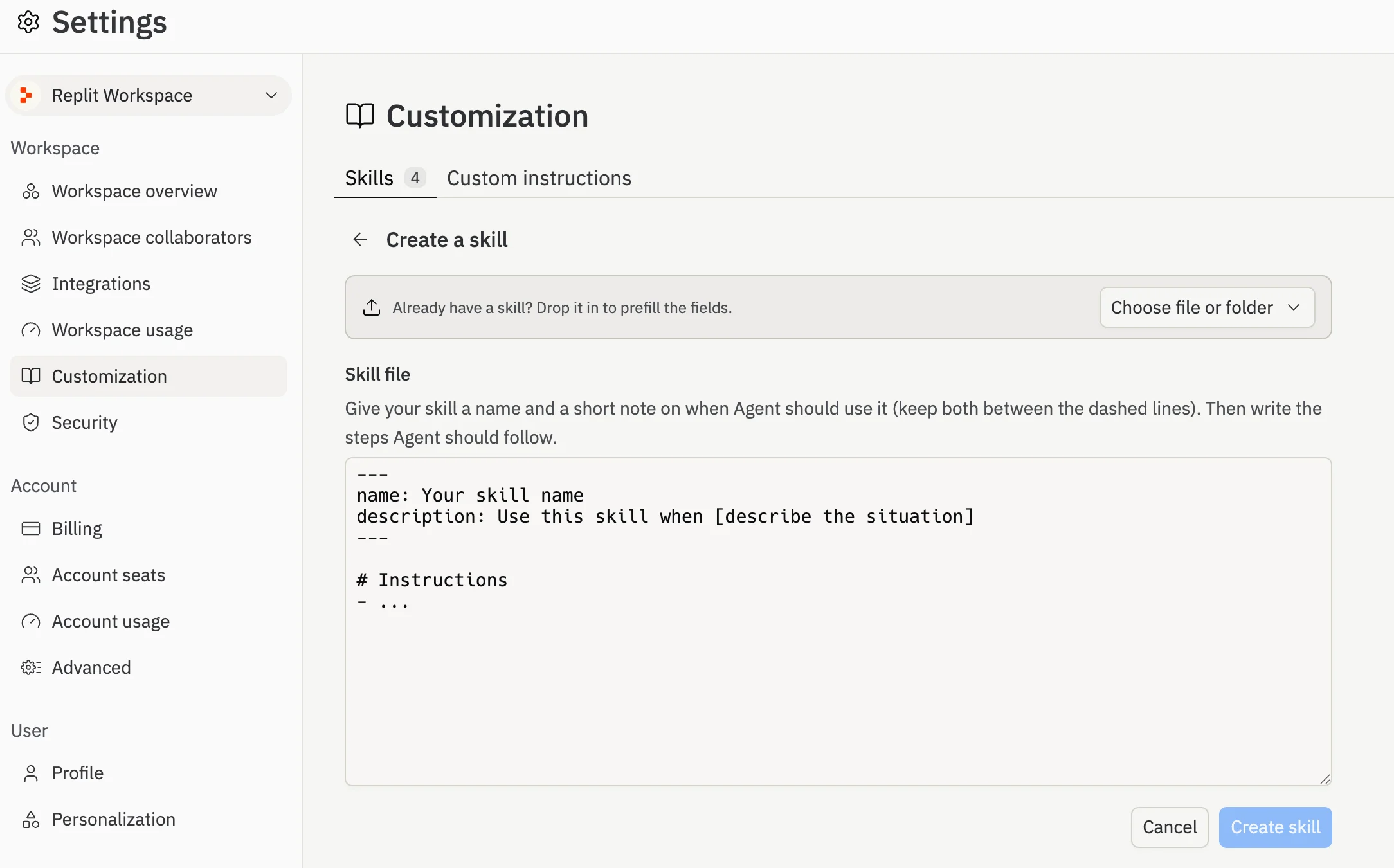 The Agent customization tab where you add workspace instructions and skills