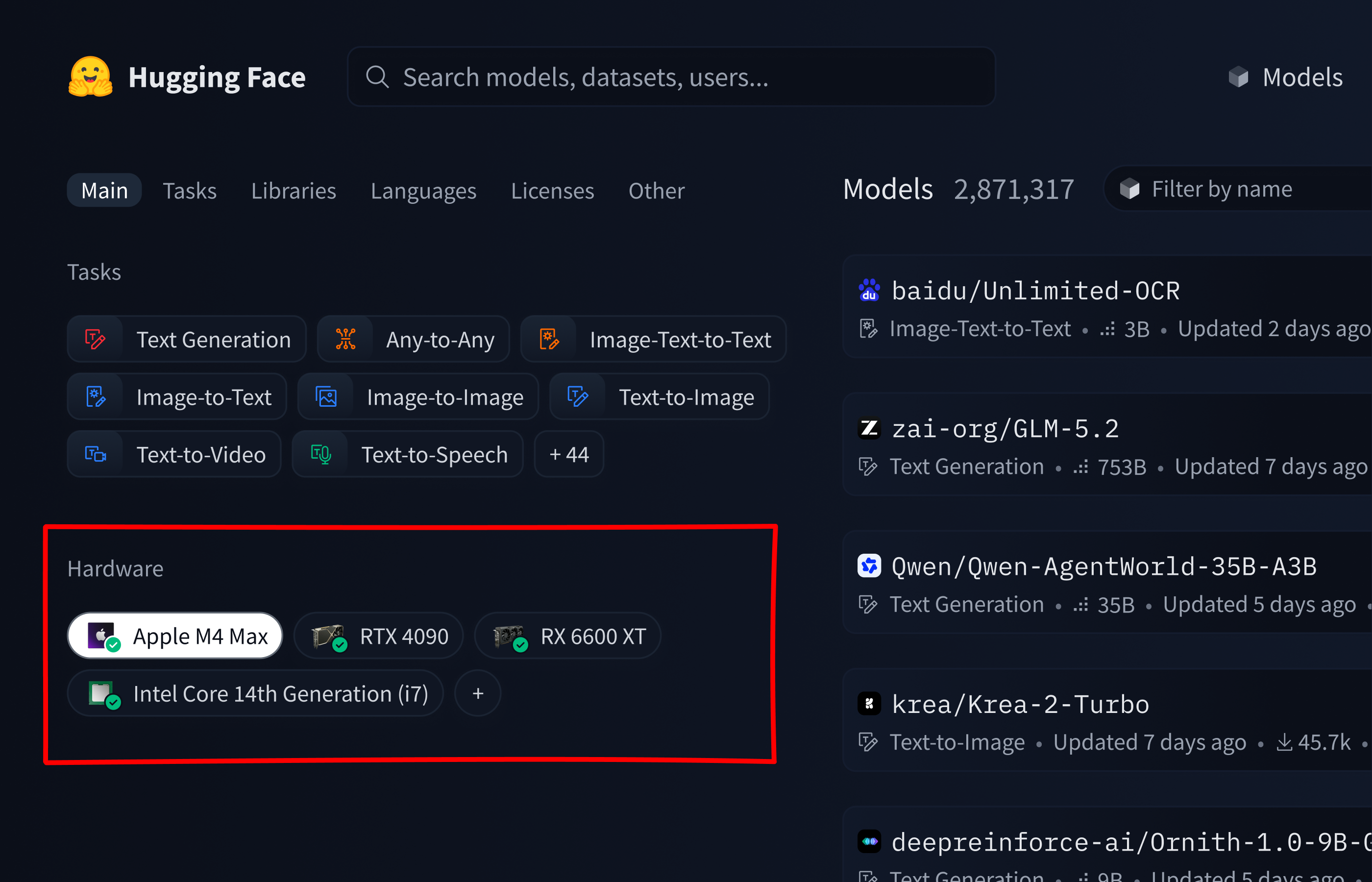 Hardware filter on Models page
