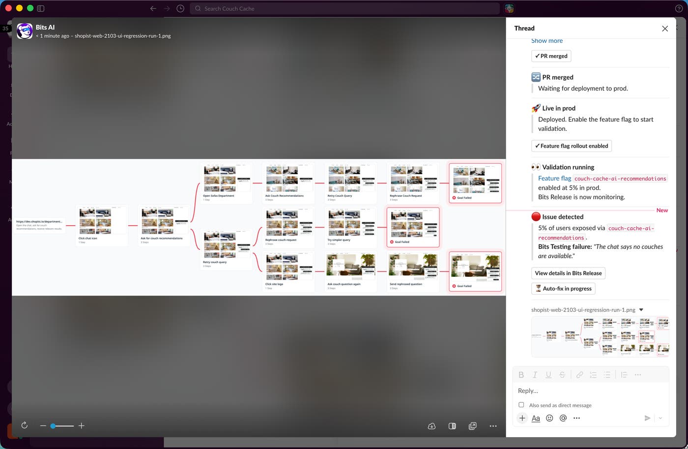 Bits Release posting a message in Slack about a failure in the chatbot widget, together with a screenshot demonstrating the issue.