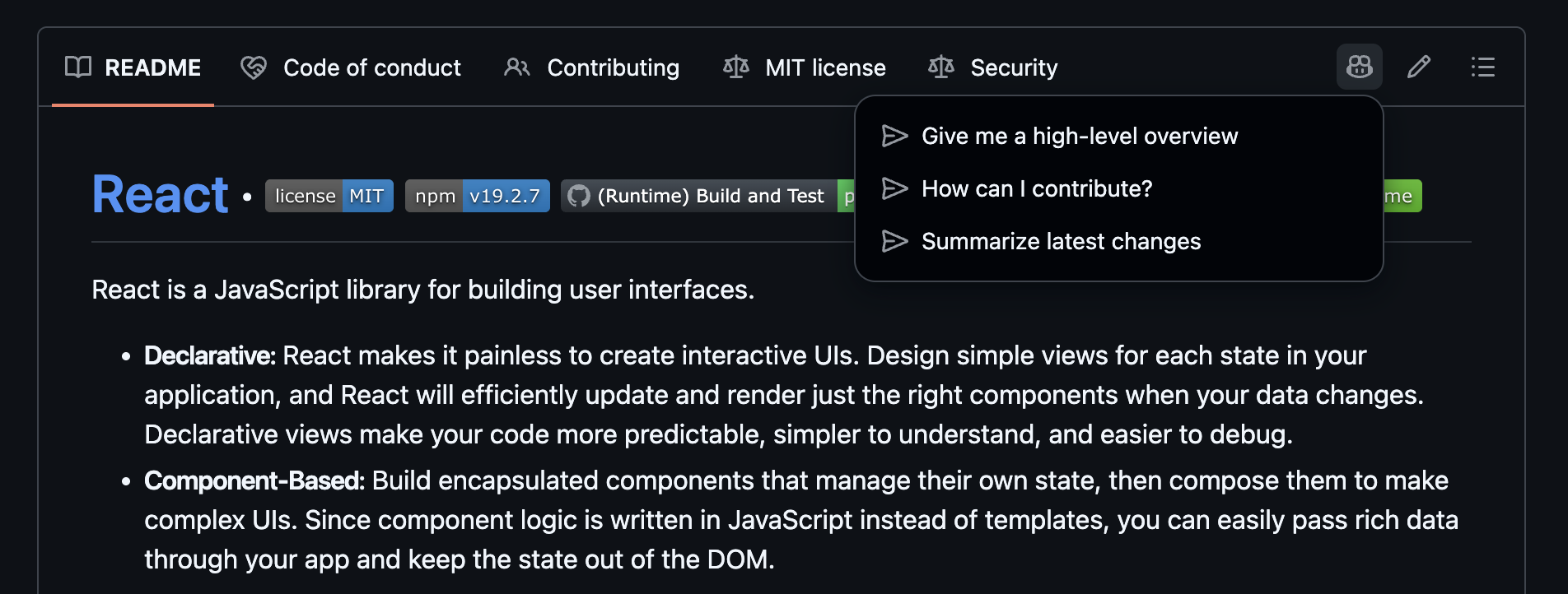 Copilot Chat repository overview shortcuts allow you to generate a high-level overview, ask how you can contribute, or summarize the latest changes in the repository