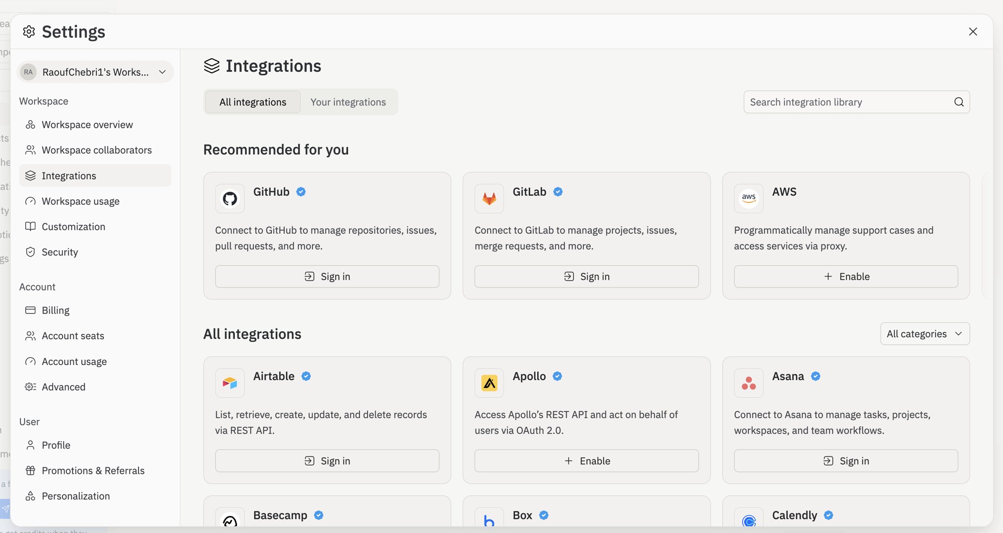 The redesigned Integrations settings page with All integrations and Your integrations tabs, a search box, a Recommended for you row showing GitHub, GitLab, and AWS, and an All integrations grid of cards including Airtable, Apollo, and Asana with Sign in or Enable buttons and verified badges